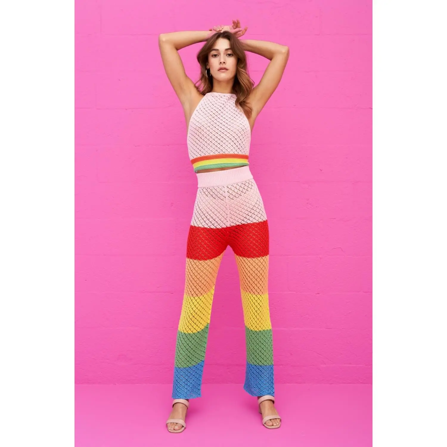 Women's Sleeveless Striped Crochet Rainbow Halter Tank Top
