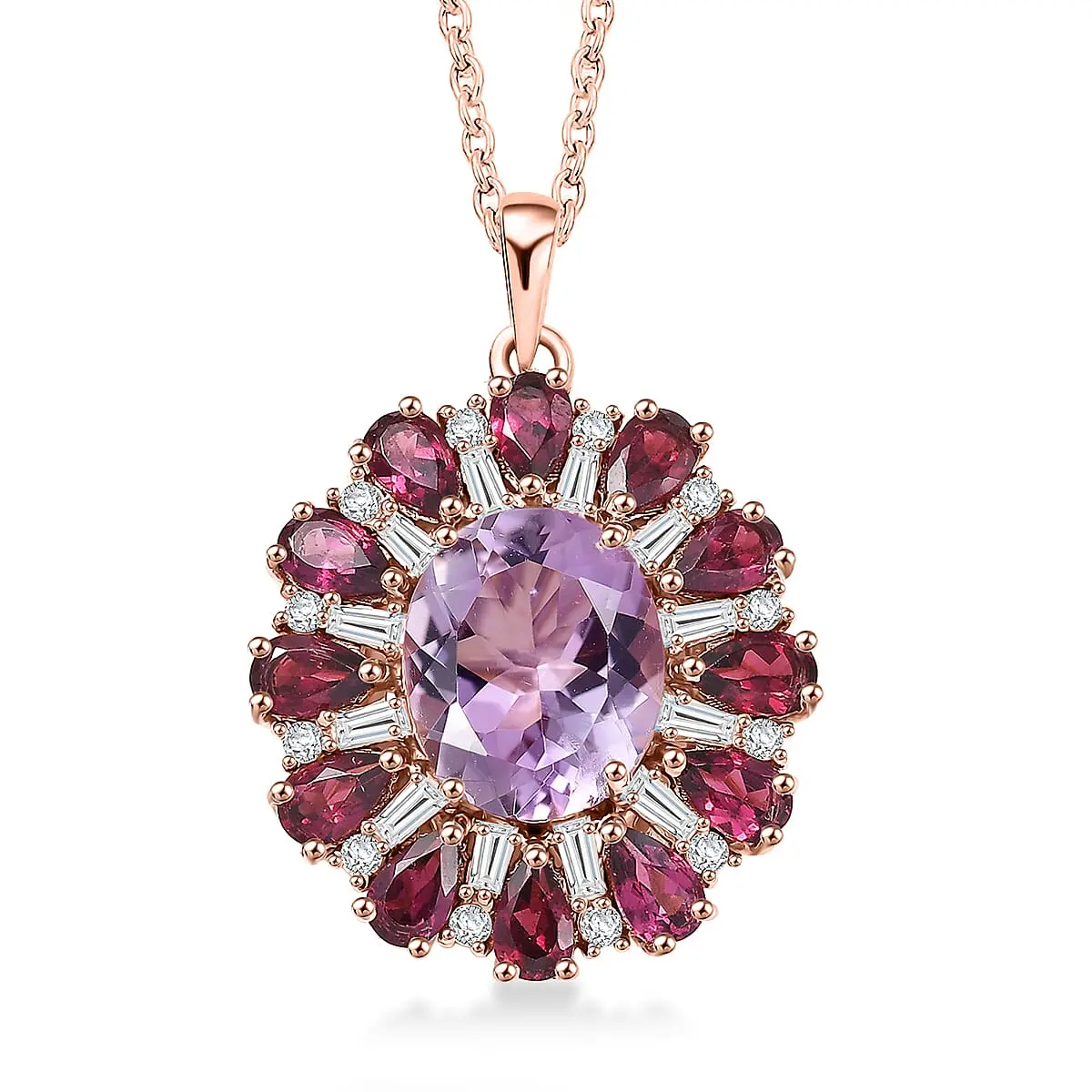 EverTrue Rose De France Amethyst and Multi Gemstone 8.60 ctw Twilight Bloom Pendant in 18K RG Plated with ION Plated RG Stainless Steel Necklace 20 Inches
