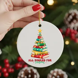 Christmas Tree Ornament for Book Lovers Ceramic Keepsake with Colorful Book Stack "All Booked For Christmas" Funny Pun Text Glossy Decoration 1 Side Christmas