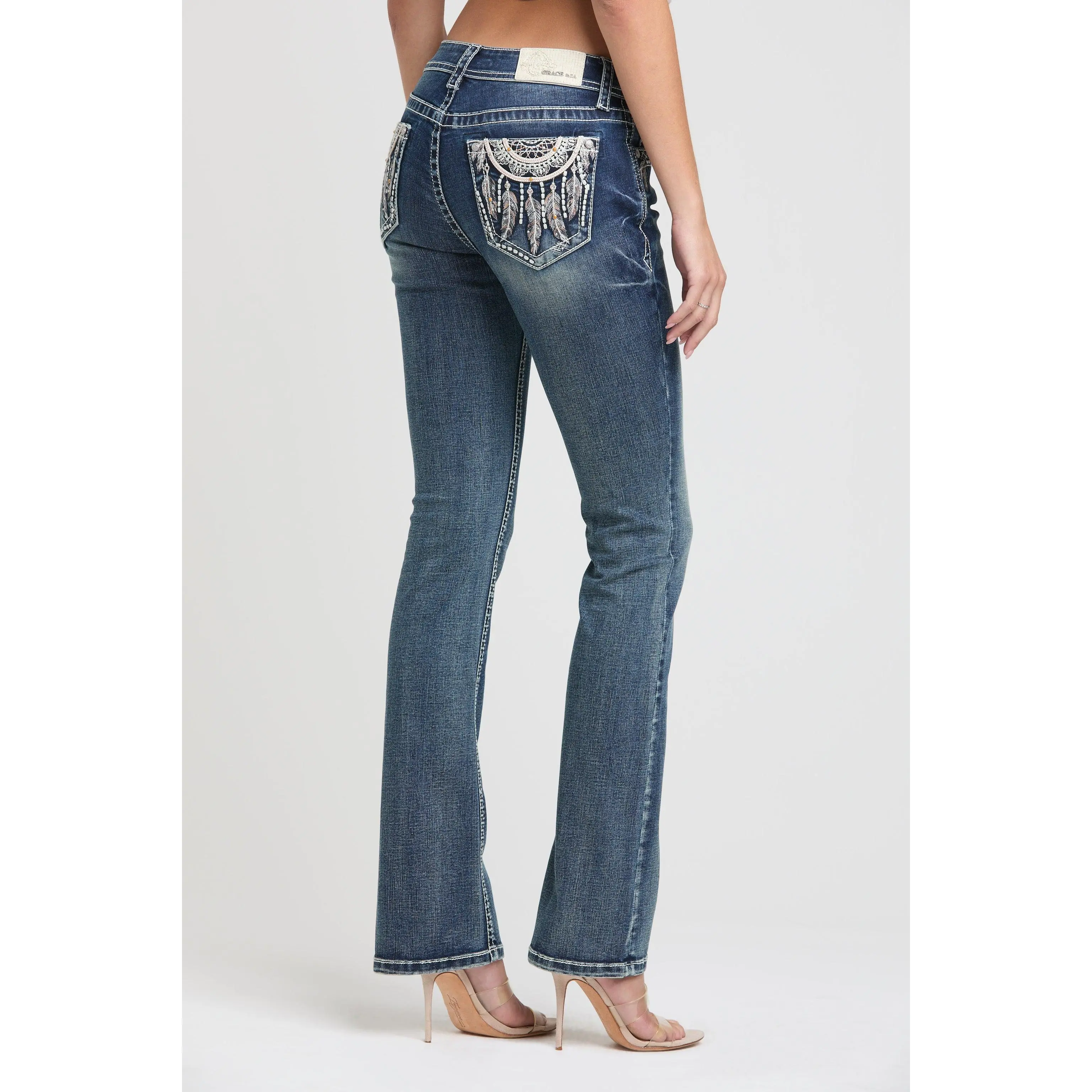 Feather Necklace Embroidered Bootcut Jeans for Women - Medium Blue Wash Mid Rise White Leather Denim