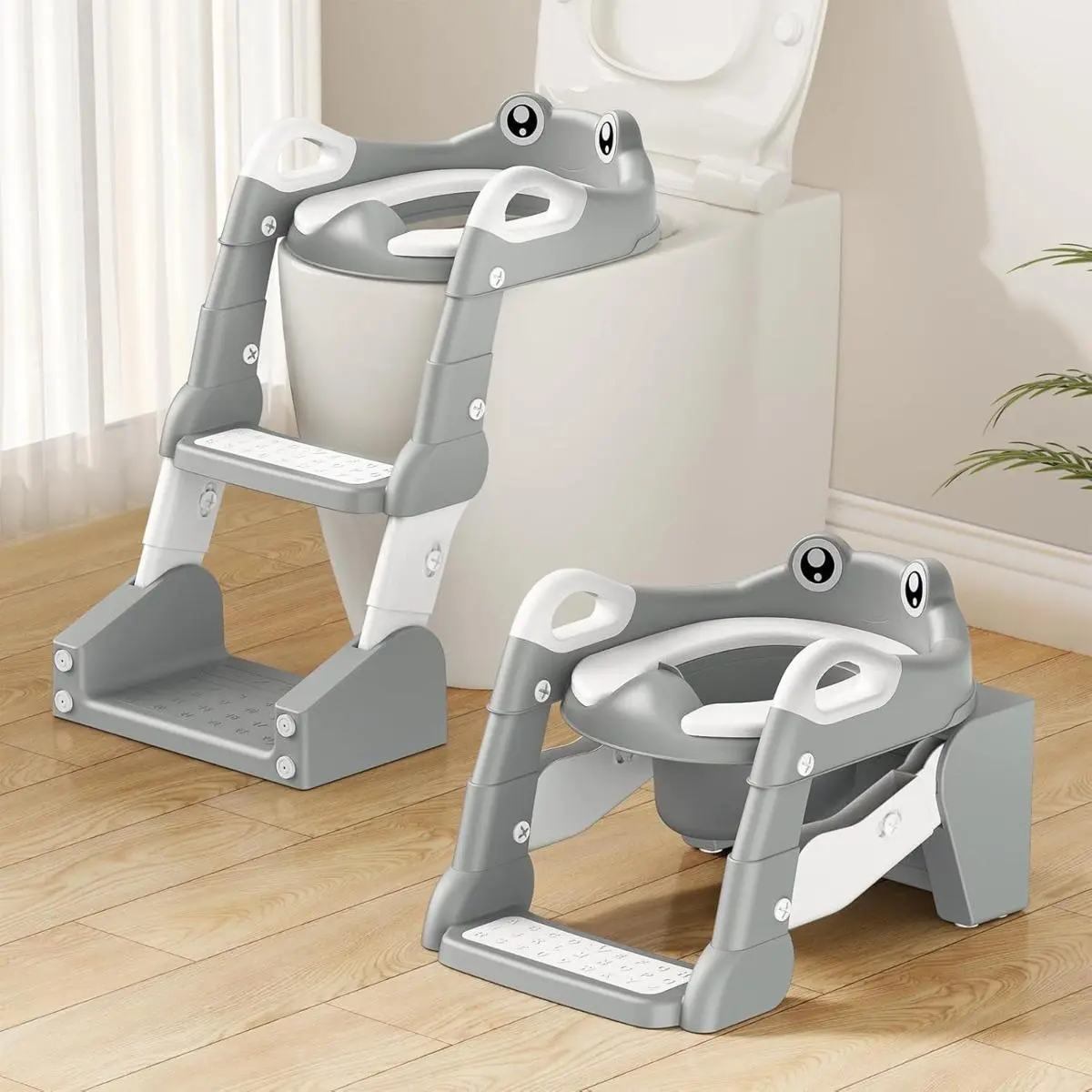 2-IN-1 Adjustable Toddler Potty Trainer Chair with Soft Potty Training Seat, Anti-Slip Step Stool Ladder, and Toilet Seat Toddler Compatibility