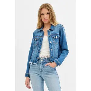 Medium Wash Fray hemmed Denim Jacket by Risen