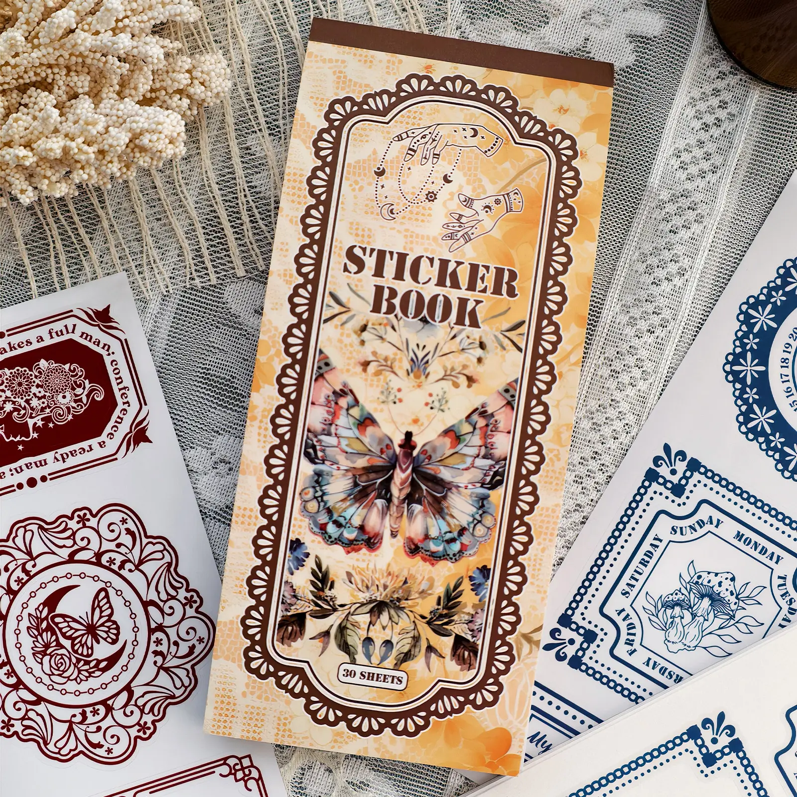 Vintage Moth Butterfly Sticker Book, 30 Sheets Gothic Lace Frame Scrapbook Stickers, Retro Floral Moon Border Stickers for Journaling, Guka & DIY Crafts