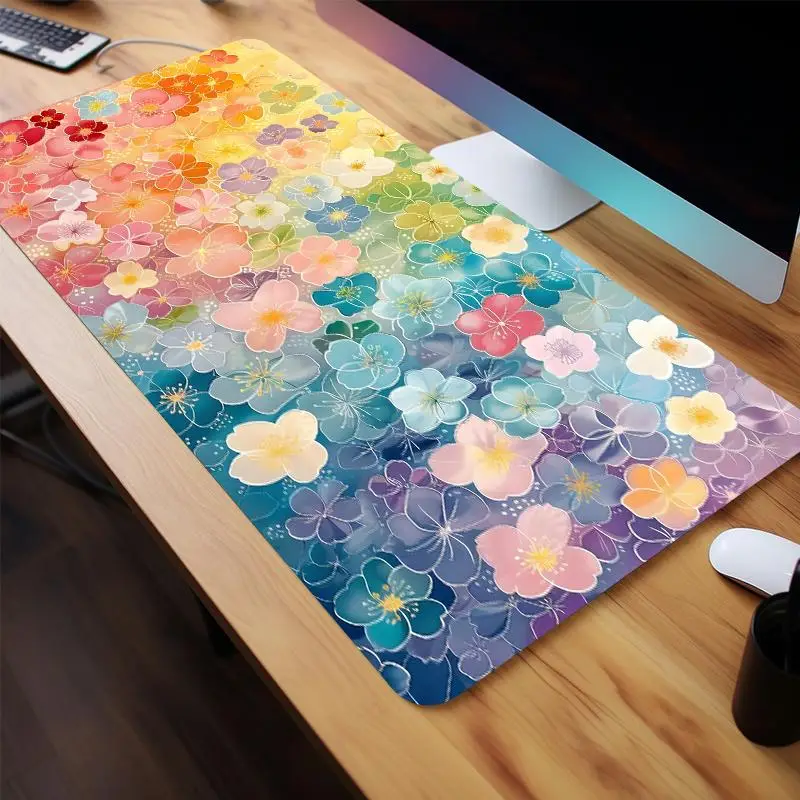 Colorful Flowers Pattern Mouse Pad, 1 Count Large Gaming Mouse Pad, Non-slip Rubber Base Stitched Edge Desk Pad for PC Laptop, Computer Keyboard Mouse