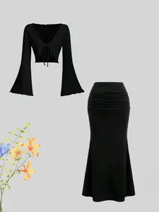 Fashionable solid color basic versatile hollow lace-up Long sleeve cardigan with high-waisted flared hip skirt, women's skirt suit, Fall outfit