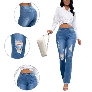 Vintage distressed high-waisted irregularly cut frayed bell-bottom denim pants for women, summer slimming pants with fringes at the hem reaching the floor
