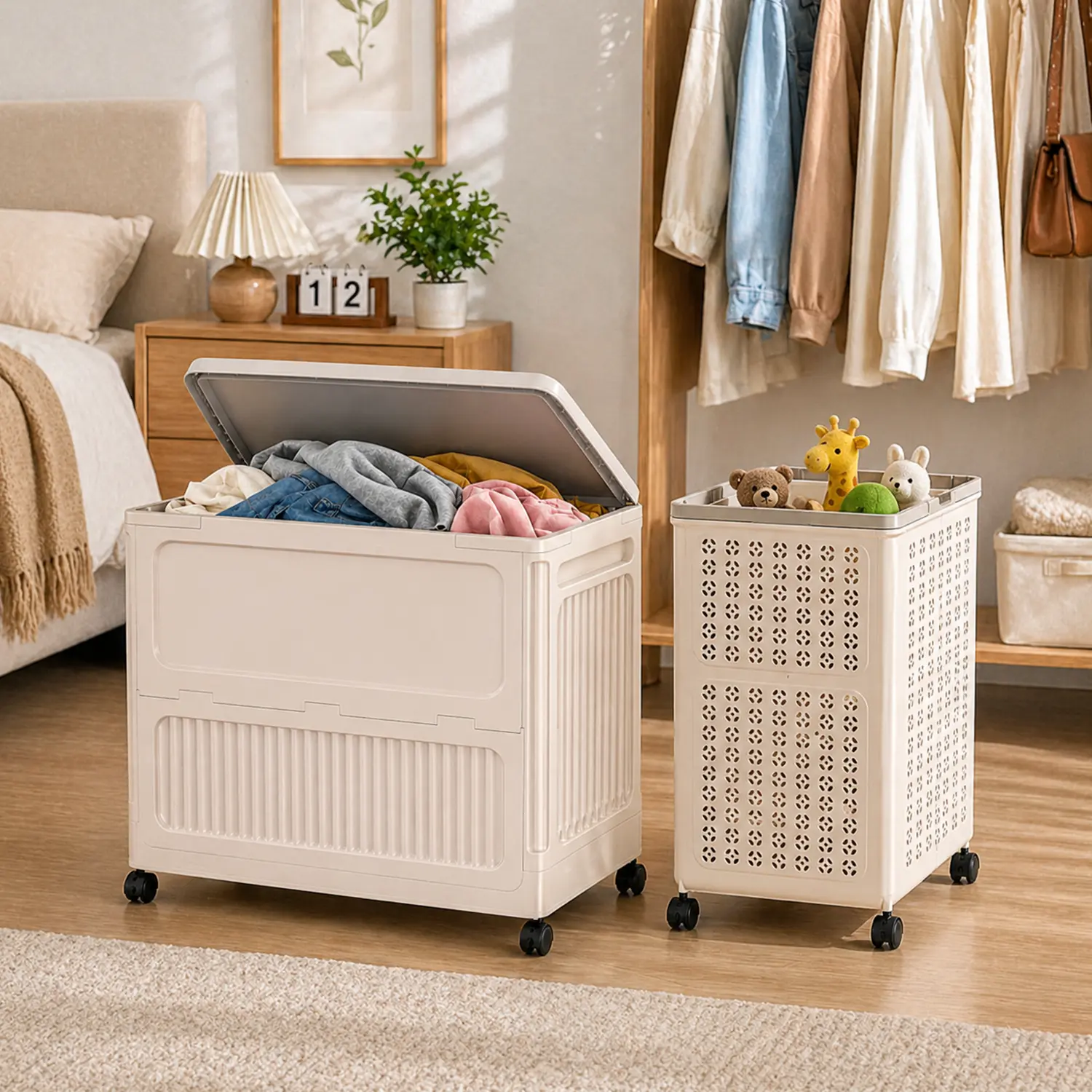 Collapsible Wheeled Laundry Storage Hamper, 16.5"/16.2" Laundry Basket with Cover Option, Multi-Purpose Clothes Organizer, Household Storage for Dormitory, Bathroom, Bedroom & RV