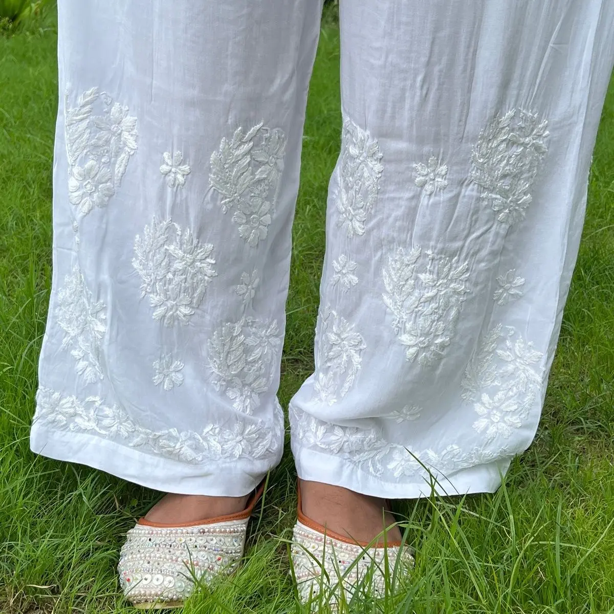 Women's Chikankari Plazo Pants Free Size Fits Up to 2XL with Top and Bottom Design - Womenswear