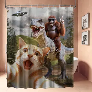 72x72 in Funny Animals Printed Shower Curtain, Funky Shower Curtain, Cool Cat Dinosaur and Chimpanzees Novelty Teen Shower Curtains for Mens Bathroom Decor Sets, Waterproof Cloth Fabric with Hooks, Bathroom Supplies