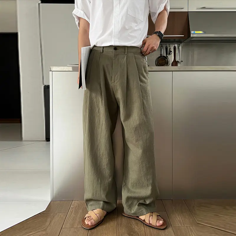 breathable,Men's Korean Light Luxury Draped Linen Wide-Leg Menswear Trouser, Plain Solid-Color Button-Down Premium Elegant Leisure Pants for Sports & Outdoor Activities, Casual Athleisure Pants, Outdoor Wear, Sports Casual, Full Length, Button Up Trousers
