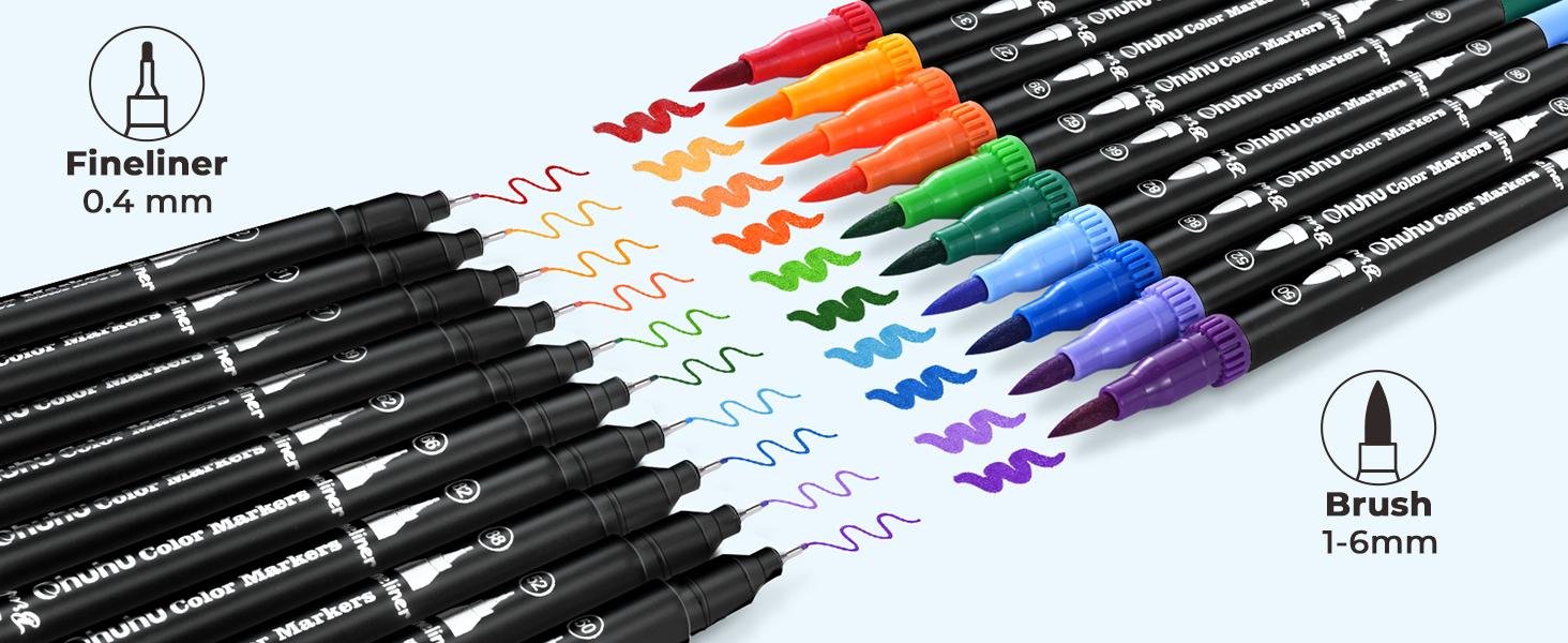 Ohuhu Markers: Brush & Fineliner Dual Tips - 120 Colors - Brush Pens Dual Brush Fine Tip Drawing Pens Water-Based Coloring Markers for Calligraphy Bullet Journal with Carrying Case for Adult Coloring Books - Black - Maui Series of Ohuhuart