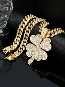 Punk Style Rhinestone Decor Leaf Design Pendant Necklace, Fashion Necklace, Hip Hop Curb Cuban Chain Jewelry for Party, Daily Clothing Decor, Trendy All-match & Exquisite Jewelry for Birthday Gift