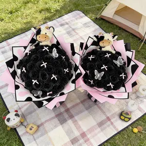 DIY Glitter Rose Bouquet with Cute Cow Plush Toy, Never Fade Realistic Flower Set, Birthday Gift for Best Friend Girlfriend