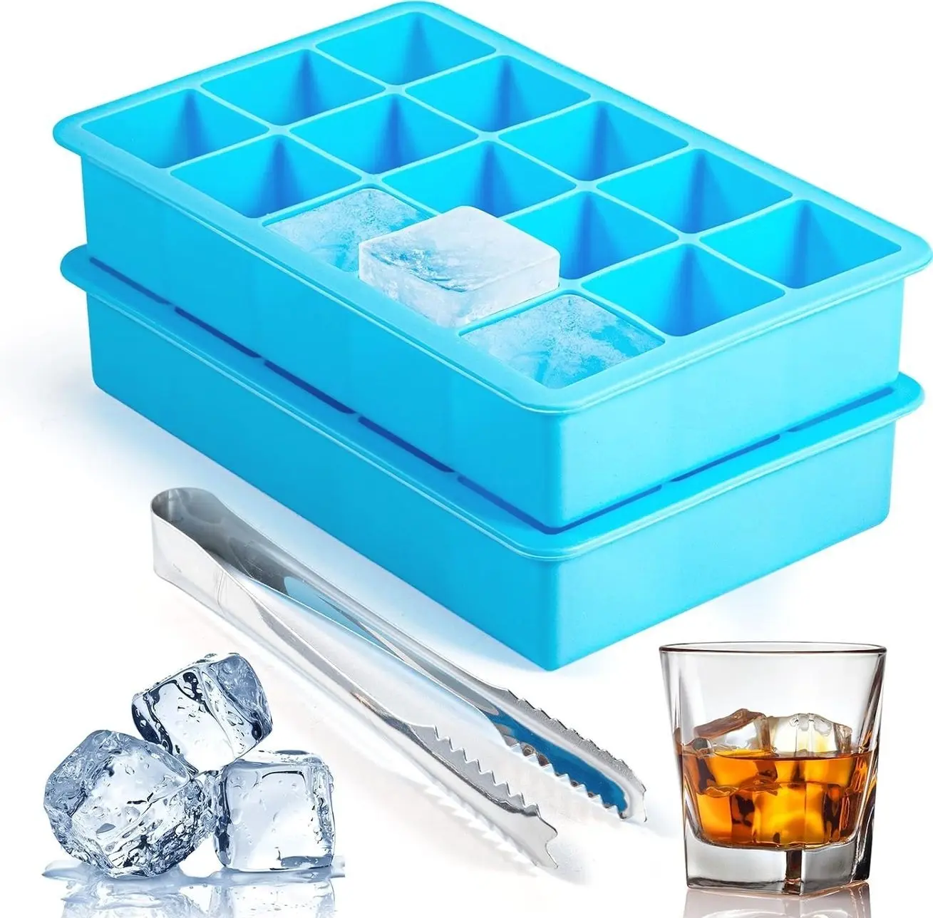 2 Pack Ice Cube Trays, Easy Release Silicone Molds for Square Ice Cubes, Reusable Freezer Trays for Cocktails, Coffee, and Mini Fridges