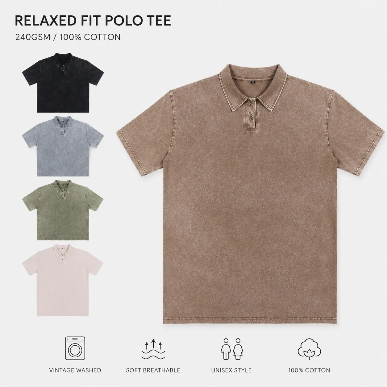 Men's Heavyweight 100% Cotton Vintage Washed Plain Polo Shirts - Relaxed Fit Short Sleeve, Soft Breathable Menswear Unisex Casual Tops for Summer Daily Wear (Beige)