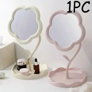 Flower-Shaped Dressing Table Hanging Makeup Mirror, Adjustable Rotation, Battery-Free, Polished Plastic Frame, Storage Tray, Bedroom, Students, Travel