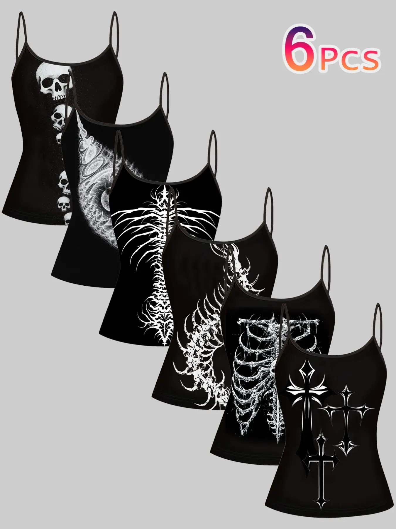 6 Piece Set Sleeveless Strapless Vest Tops Back Tank Top, Casual Slim-Fitting All-Over Print, Daily Home Commute Party Minimalist Style, Spaghetti Strap Womenswear Camis