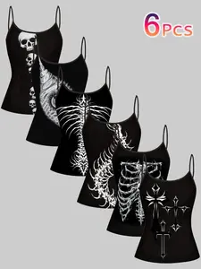 6 Piece Set Sleeveless Strapless Vest Tops, Casual Slim-Fitting All-Over Print, Daily Home Commute Party Minimalist Style, Spaghetti Strap Womenswear