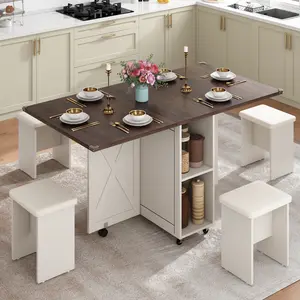 5 PCS Farmhouse Dining Table Set for 4,60" Large Folding Dining Table Set w/ 4 Leather Chairs, Drop Leaf Foldable Kitchen Table for Small Spaces,Barn Door Design,6 Wheels,2-Layer Storage Shelf,Black/Grey