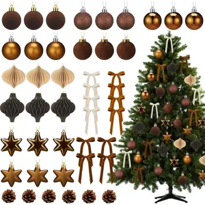 45 count Brown Neutral Christmas Ornaments Set with Brown Balls  Bows Pine Cones Ribbons Pentagram and Honeycomb for Xmas Tree Decorations Holiday Rustic Farmhouse Indoor  Decor
