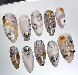 3D Metallic Silver Art Almond Press On Nails Goth, Custom Gothic Fake Nails, Punk Glue On Nails, Emo Y2K Nails