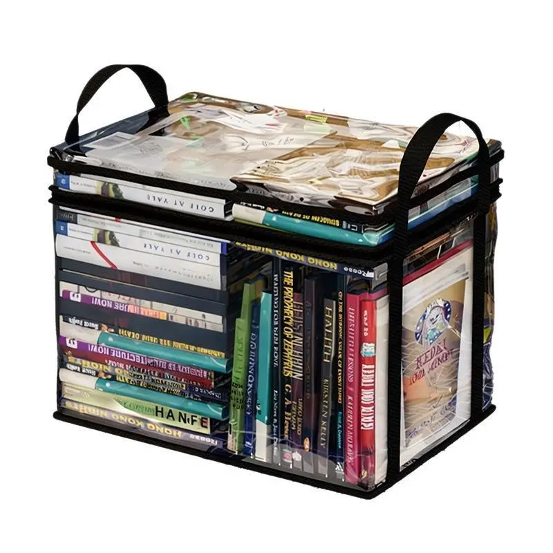 Foldable Clear Book Storage Organizer Bag, Black Waterproof PVC Textbook Magazine Storage Bin with Zipper Handles, 2 Sizes Medium Large for Home Dorm Use