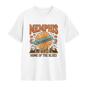 100% Cotton Memphis Blues Music T-Shirt for Men Women, Vintage Harmonica Skyline Graphic Tee, Southern Soul Music Lover Gift Shirt