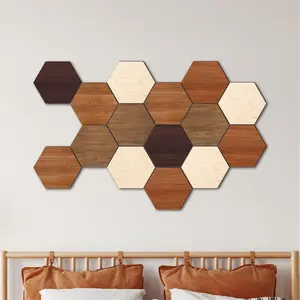 Wooden Hexagon Wall Decor, 15 Pcs Creative Removable Hexagonal Wall Stickers, DIY Modern Geometric Wood Wall Art Decor, 3D Wooden Hexagon Wall Tiles for Living Room, TV Background, Office, 5.9" x 5.1"