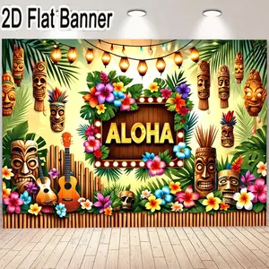2D flat banner, 1pc1pc tropical ALOHA wooden sign decoration, bold yellow letters on a vibrant background, surrounded by colorful flowers and green foliage, featuring tiki masks and ukuleles, perfect for luau-themed parties, Hawaiian decor, indoor/