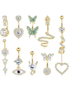 Versatile 9 Pcs Golden Stylish Navel Rings 14G Surgical Steel Belly Button Rings for Women Men Trendy Belly Button Rings Small Cute Butterfly Snake Evil Eye Heart CZ Belly Button Ring Piercing Jewelry Set