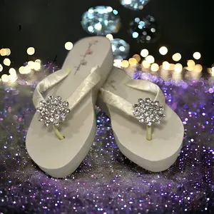 Big Sparkly Jewel Ivory Flip Flops, 1.25 Inch Low Heel for Wedding or Gift, Summer Sandals Footwear Women Flipflop