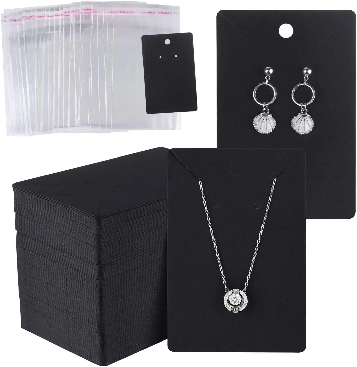 Kraft Paper Earring Display Card Set (150 Pcs) with 150 Self-Seal Bags, Black DIY Jewelry Ear Stud Holder for Selling & Displaying