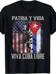 Patria Y Vida Viva Cuba Libre Round Neck T-Shirt, Casual Graphic Fitted Long Streetwear USA Cuba Flag Cuban American Pride Shirt