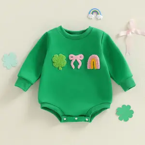 Babamoon Newborn Baby Girl St. Patrick's Day Romper Shamrock Bow Rainbow Embroidered Onesie Bodysuit Long Sleeve Infant Jumpsuit