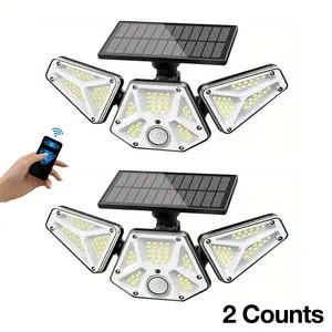 2pcs solar three-head wall lamp with IP65 water resistance, 2200mahthree-mode switching, remote control and motion sensor, suitable for solar outdoor lamps in courtyards, terraces, garages, streets, etc