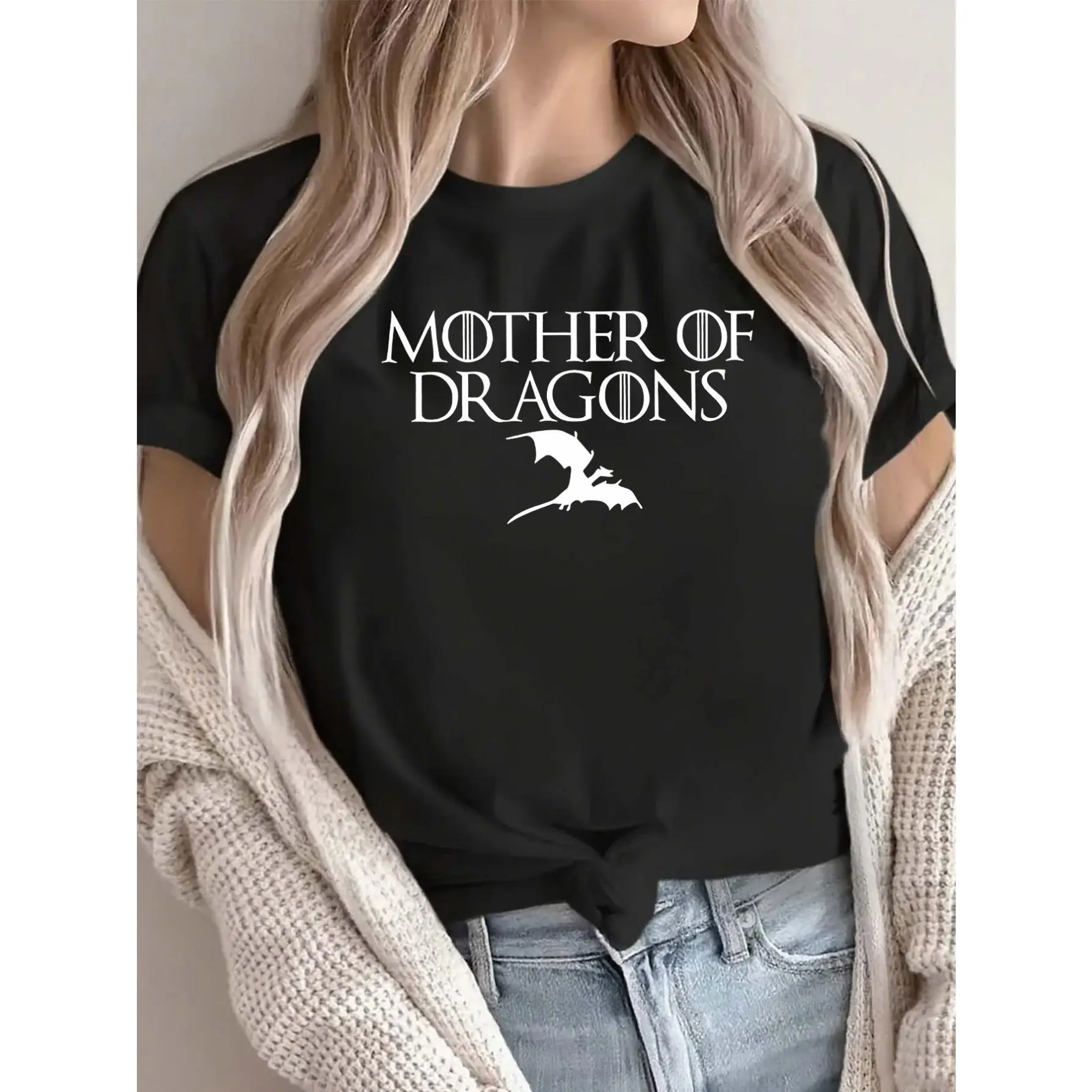 Lightweight And Comfortable Women'S Round Neck T-Shirt Featuring a Mother of Dragons Design, Ideal for Everyday Use And Outdoor Events