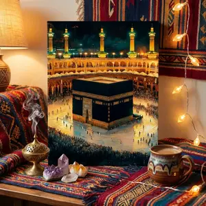 Islamic Mosque Mecca Kaaba Night Scene Wall Art, High-Quality Framed Print, Home Decor for Living Room Bedroom Office, Muslim Gift