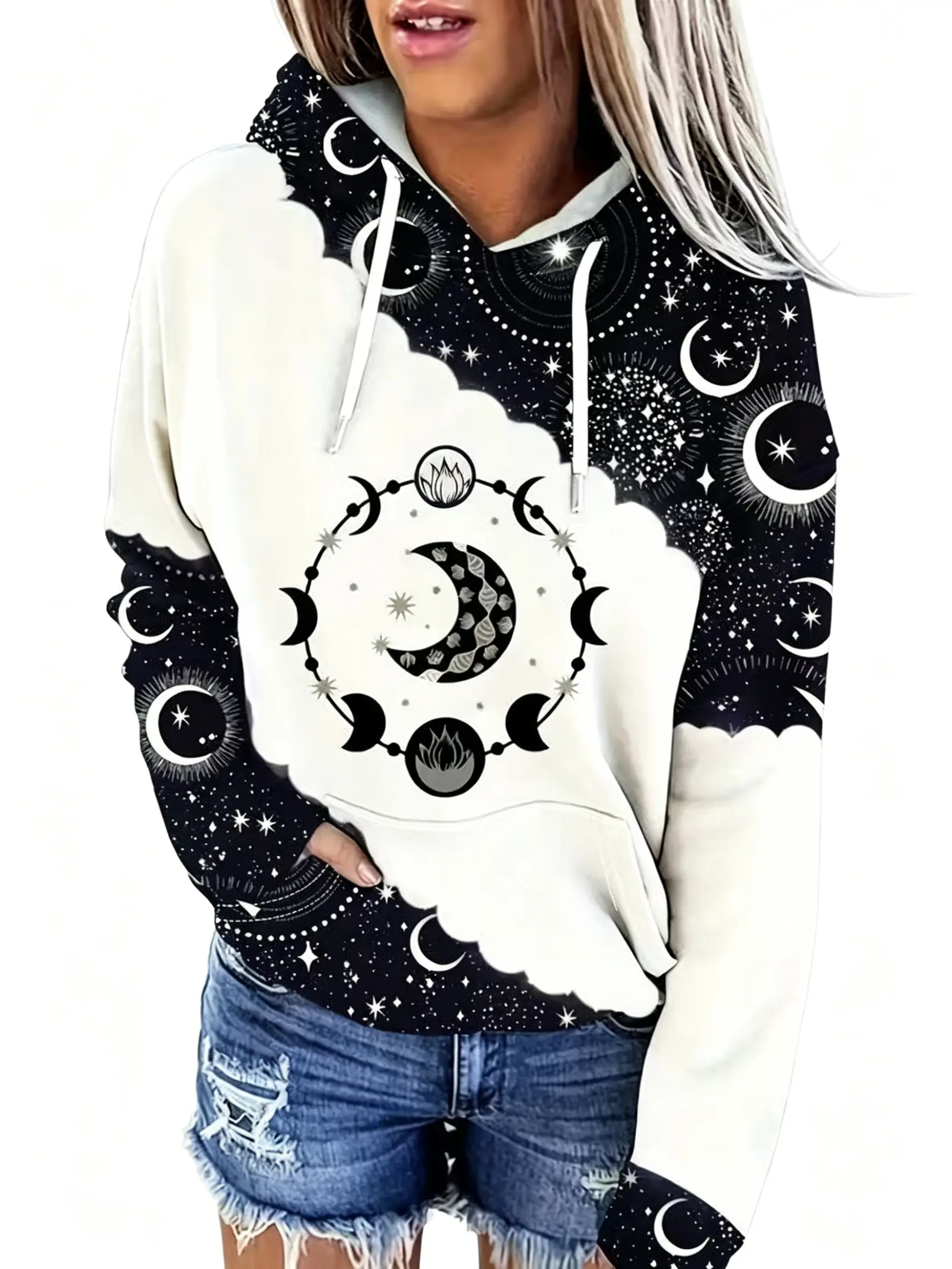 Boho Chic Women's Hoodie - Western Bohemian Vintage Pullover Sweatshirt with Drawstring Hood | Celestial Moon Phase & Zodiac Print Comfortable Fit, Cowgirl Stuff, Boho Clothes, Fall Tops, Sweatshirts for Women, Comfort Hoodie