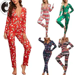 Women Pajamas Jumpsuit, Buttons V Neck Long Sleeve Christmas Cartoon Printed  Sleepwear