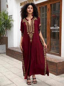 women's ethnic pattern embroidery notched neck split hem kaftan dress, chic casual batwing sleeve long dress for daily wear, modesty ladies clothes for all seasons, clothing, ethnic print kaftan