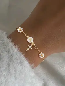 Women's Stainless Steel Bracelet, Round Initial Cross Pendant Flower Chain, Fashionable Letter Design Jewelry
