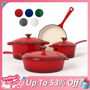 [5 New Colors] Kitchen Academy Enamel Cast Iron 7 Piece Cookware Set, Dutch Oven Pot with Lid, Red Non Stick Pots and Pans set, Oven Safe up to 500°F, Mother's Day Gift