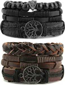 Genuine Leather Tree of Life Bracelets Men Women, Tiger Eye Natural Stone Lava Rock Beads Ethnic Tribal Elastic Bracelets Wristbands