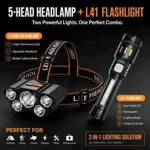 2-in-1 5-LED Headlamp & L41 Rechargeable Flashlight Set – USB Charging, 5 Light Modes, Adjustable Headband – Camping, Hiking, Emergency Gear