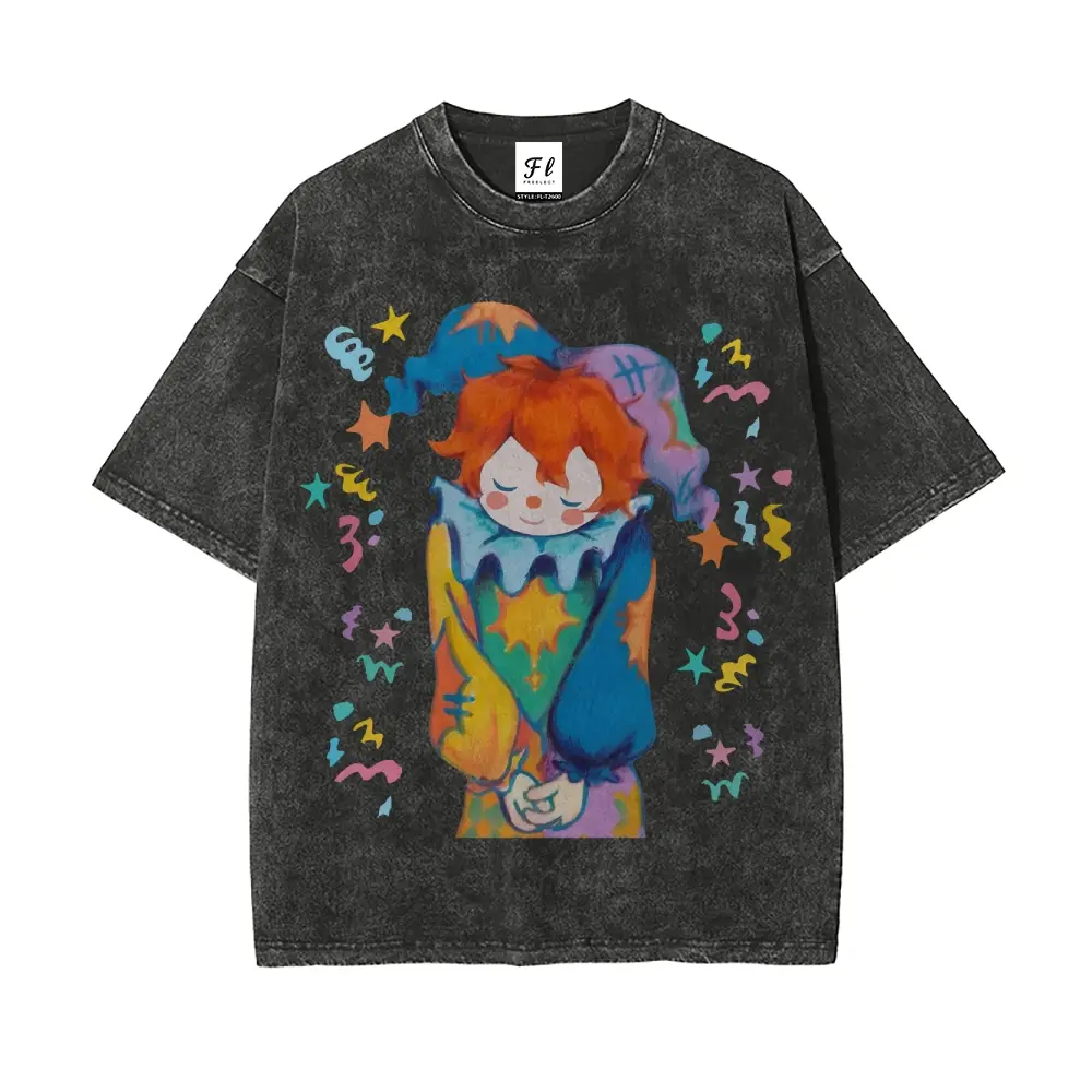 Unisex Aesthetic Cute Clown Print Oversized Vintage Washed T-Shirt Y2K Streetwear Top Heavyweight Tee,Summer casual  Tshirt