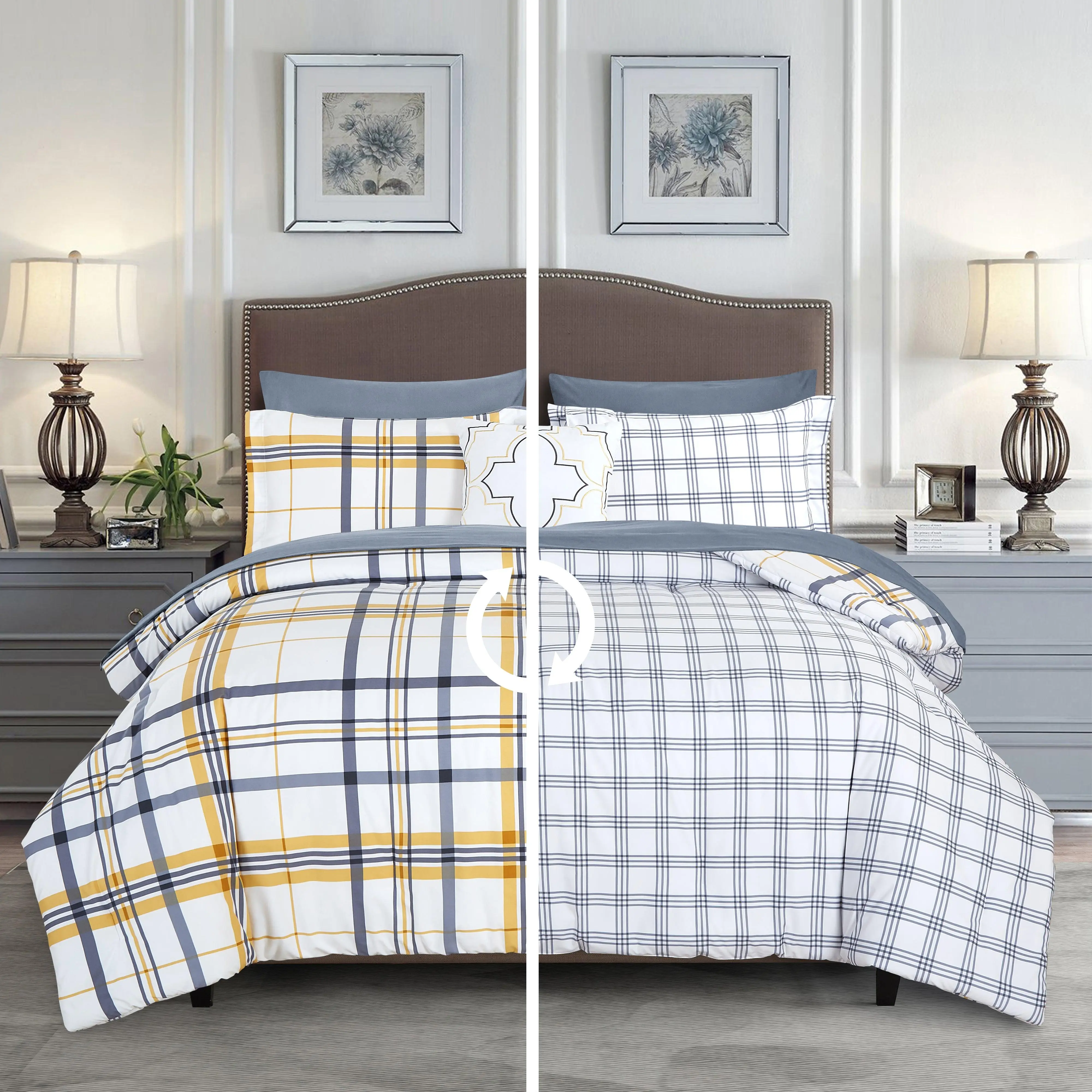 Elegant Comfort 8-Piece Lodge Plaid and Patch Reversible Comforter Set - Includes 4-Piece Sheet Set with Double Sided Storage Pockets