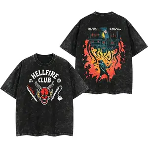 Hellfire Club Stranger Things Double Printed Oversize Lightweight Acid Washed Tee TV Show Graphic Top Cotton Gift T-Shirt For Comic Lover, Gift T-Shirt For Movie Lover 90s Graphic American Casual Short Sleeve Menswear Man Streetwear Tshirt Tropical
