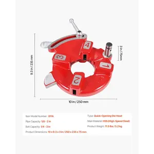 VEVOR Quick Opening Die Head, 1/8 to 2 Right-Handed Pipe Threading Head, 1/4 to 2 Threading Die Head for Bolt, Self-Oiling for Reducing Friction, Fit for RIDGID 97065, VEVOR Pipe Threading Machines