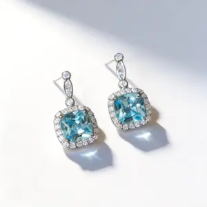 Square Blue CZ Halo Earrings, Silver Tone, Timeless Elegance, Lightweight and Comfortable, Skin Friendly, Non Fade, Luxury Bridal Jewelry, Great for Prom, Wedding, and Special Occasions, Unique Gift for Her spinner earrings