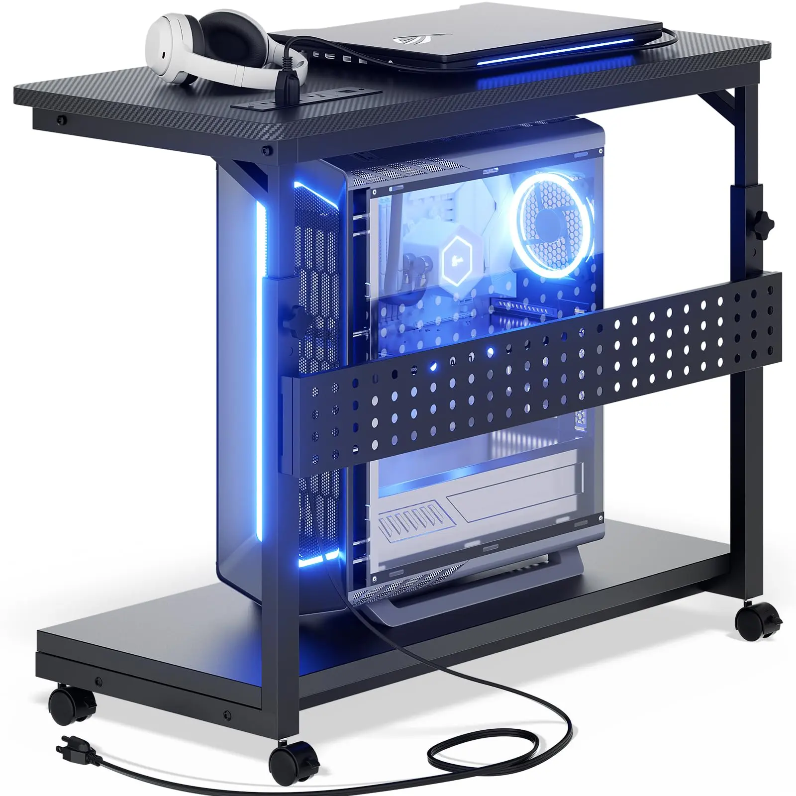 Large PC Tower Stand with Power Outlets, Adjustable Height Rolling Computer CPU Stand with Pegboard Storage, Mobile PC Holder for Floor & Desk